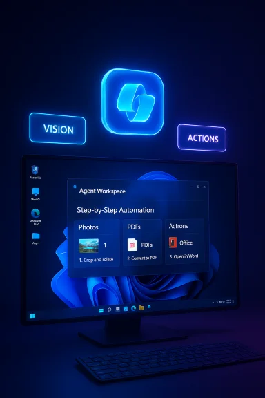 Neon-blue Vision and Actions signs hover above a curved monitor displaying an automation dashboard.