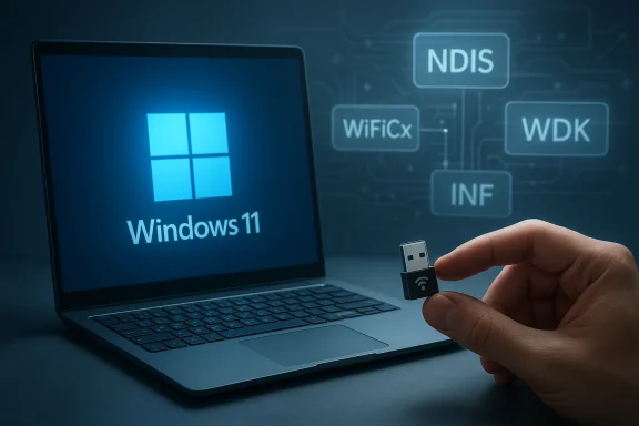Windows 11 laptop with a USB Wi‑Fi adapter against a network-driver backdrop.