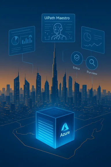 Futuristic city skyline with a glowing Azure server and holographic dashboards for UiPath Maestro, Entra, and Purview.