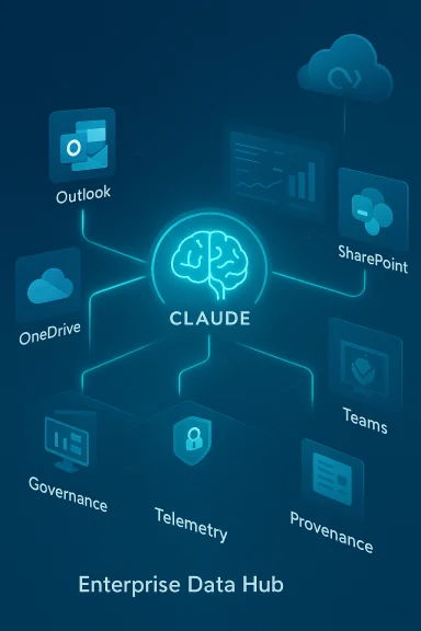 Blue neon diagram shows Claude at center, linking Outlook, OneDrive, SharePoint, Teams as an Enterprise Data Hub.