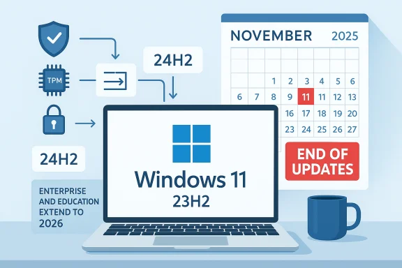 Illustration of Windows 11 23H2 with 24H2, enterprise support to 2026, and a calendar showing end of updates. Illustration of Windows 11 23H2 with 24H2, enterprise support to 2026, and a calendar showing end of updates.
