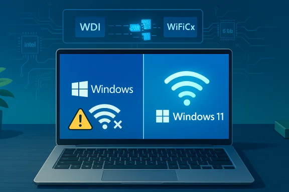 Laptop screen split: Windows 10 with a Wi‑Fi warning and Windows 11 with a Wi‑Fi symbol.