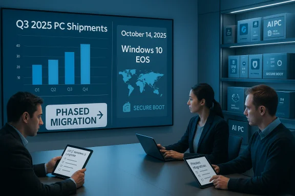 Team reviews Q3 2025 PC shipments and a Windows 10 EOS phased migration plan.