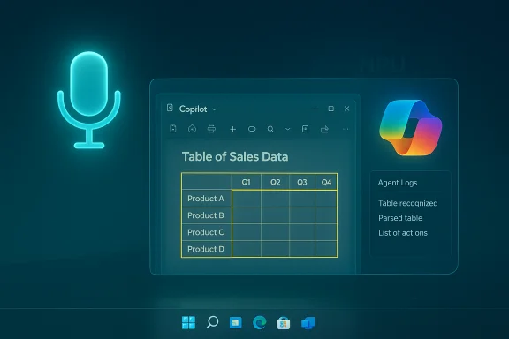 Neon holographic dashboard showing a sales table and Copilot UI beside a glowing microphone.