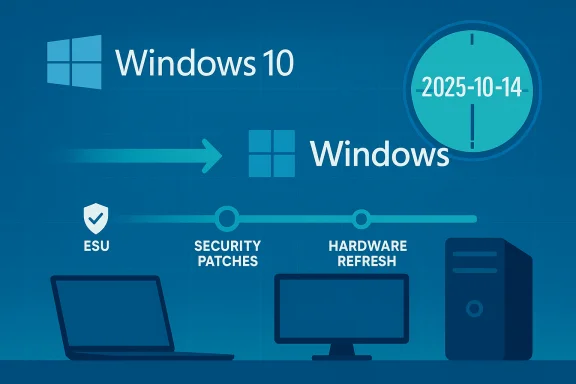 Windows 10 migration infographic showing ESU, security patches, and hardware refresh with date 2025-10-14.