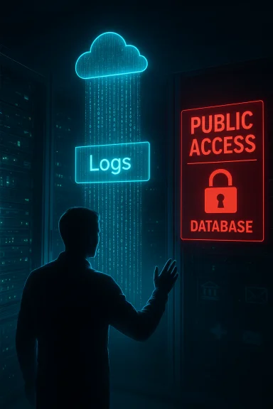 Silhouette in a data center faces a neon Logs cloud and a red Public Access Database sign.