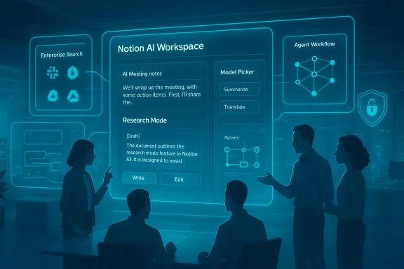 Team presents a holographic Notion AI Workspace dashboard in a futuristic office.