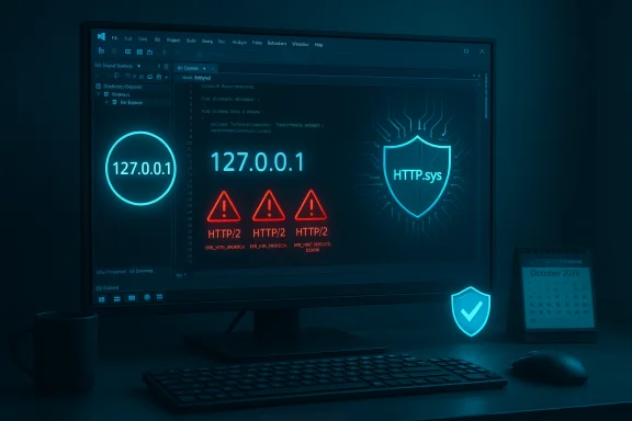 Neon blue security setup showing 127.0.0.1, HTTP/2 alerts, and a shield on the monitor.