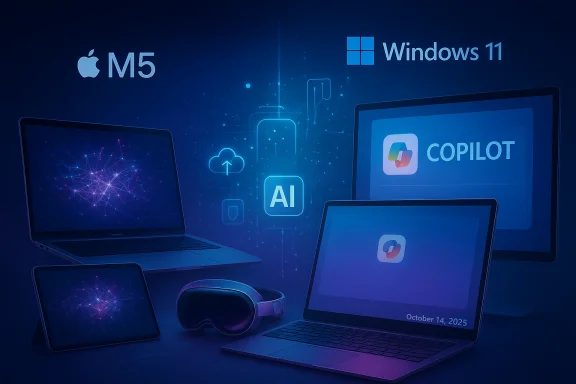 AI-powered tech scene across Apple M5 and Windows 11 devices featuring Copilot.