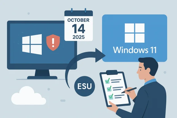 Migration to Windows 11 with ESU and security checks on Oct 14, 2025.