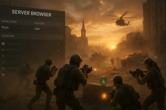 Soldiers battle through a smoky, ruined city at sunset, with a game-style Server Browser UI overlay.