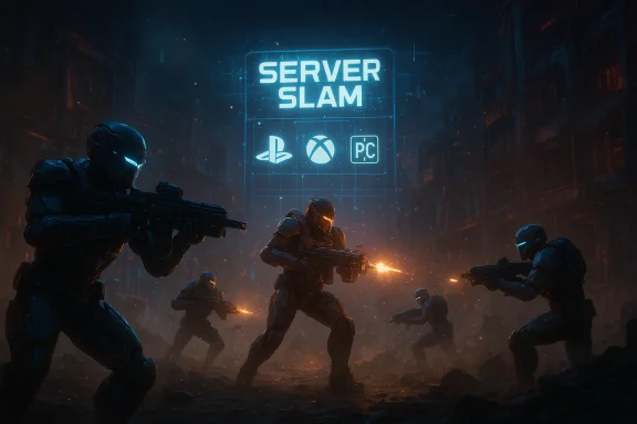 Armored soldiers fight in a neon-lit alley beneath a SERVER SLAM banner. Armored soldiers fight in a neon-lit alley beneath a SERVER SLAM banner.