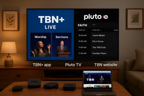 Cozy living room with a large TV showing TBN+ Live and Pluto TV, plus streaming devices on the coffee table. Cozy living room with a large TV showing TBN+ Live and Pluto TV, plus streaming devices on the coffee table.