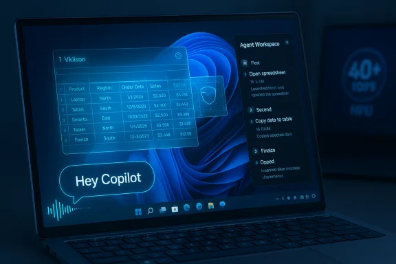 Futuristic laptop screen with holographic data table and a 'Hey Copilot' chat bubble.