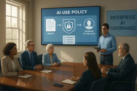 A diverse team in a conference room watches a presenter outline an AI use policy.