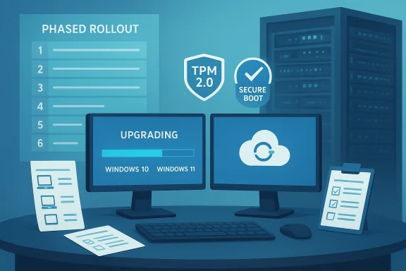 Two-monitor workstation upgrading Windows 10/11 with TPM 2.0 and Secure Boot.