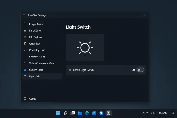 PowerToys Settings window showing the Light Switch feature with an Off toggle. PowerToys Settings window showing the Light Switch feature with an Off toggle.