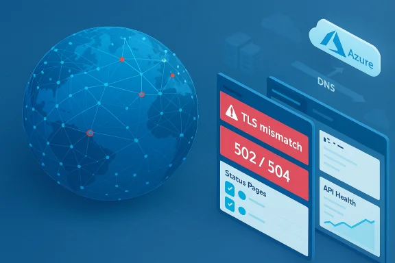Global network map with Azure DNS panels showing a TLS mismatch 502/504 error.