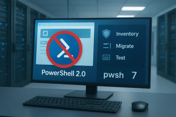 Data center monitor shows PowerShell 2.0 blocked, with pwsh 7.