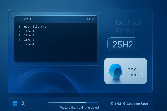 Futuristic blue UI with a CLI editor, localhost HTTP/2 label, and a Hey Copilot card.