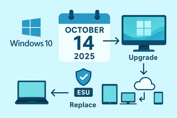Illustration of upgrading Windows 10 to Windows 14 (Oct 14, 2025) with ESU replacement across devices.