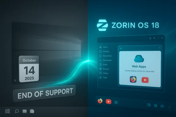 Split-screen: Windows end-of-support notice on the left, Zorin OS 18 UI on the right.