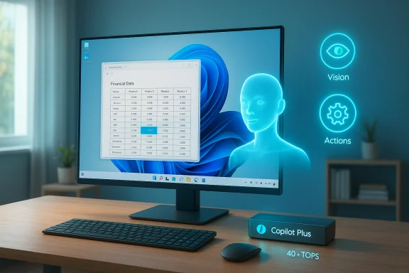Futuristic desk setup with a large monitor, Copilot Plus box, and neon Vision and Actions holograms.