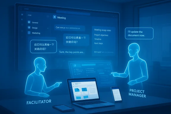 Two holographic professionals, a Facilitator and a Project Manager, discuss a digital project on a large screen. Two holographic professionals, a Facilitator and a Project Manager, discuss a digital project on a large screen.