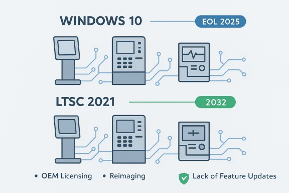 Infographic contrasts Windows 10 EOL 2025 with LTSC 2021 EOL 2032; notes licensing, reimaging, and no feature updates.