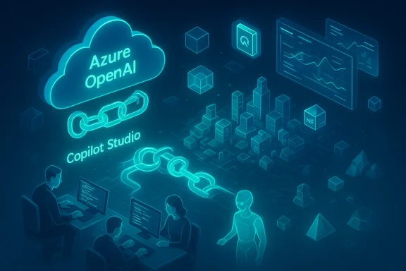 Neon blue Azure OpenAI Copilot Studio cloud with chain links and developers coding at desks.