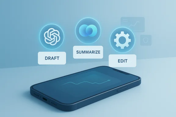 A smartphone displays glowing holographic icons labeled Draft, Summarize, and Edit.