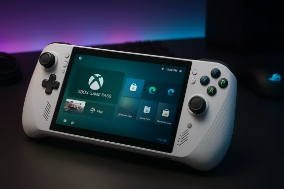 A white handheld gaming console displaying the Xbox Game Pass home screen.