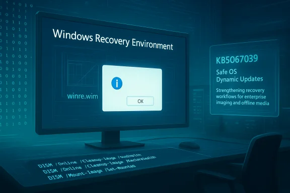 Blue-toned workstation displays Windows Recovery Environment with an info dialog and update notes.
