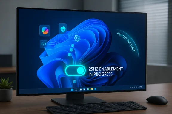 Sleek monitor showing 25H2 Enablement in Progress during a phased rollout on Windows 11.