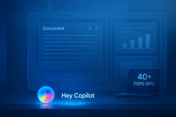 Blue futuristic dashboard with a glowing Copilot orb and 'Hey Copilot' branding beside a laptop.