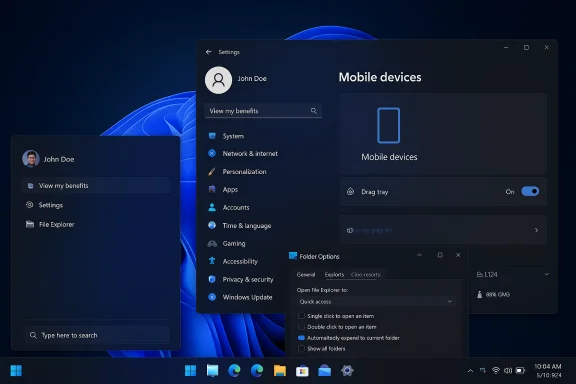 Dark Windows 11 settings UI showing a user profile and a Mobile devices panel.