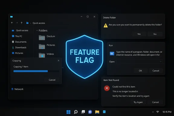 Dark Windows desktop with a glowing FEATURE FLAG shield and multiple floating dialog boxes.