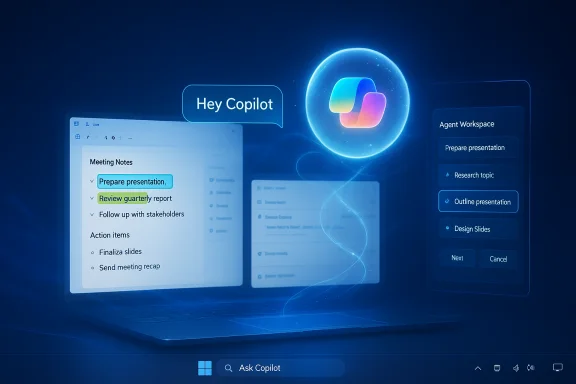 Futuristic Copilot AI interface showing meeting notes and an agent workspace task list.
