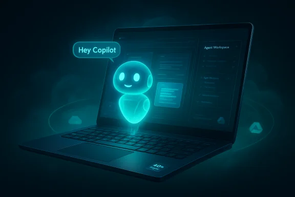 A glowing holographic chatbot floats from a laptop, greeting Hey Copilot.