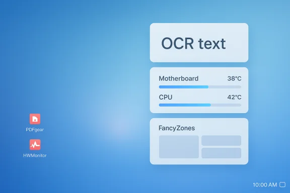 Blue gradient desktop with OCR text panel, CPU and motherboard temps, and two icons (PDFgear and HWMonitor). Blue gradient desktop with OCR text panel, CPU and motherboard temps, and two icons (PDFgear and HWMonitor).