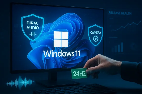 Windows 11 on screen with a 24H2 card, showing audio and camera security shields.