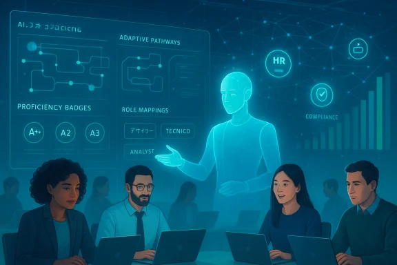 A holographic AI presenter guides a diverse team through a data-driven HR briefing. A holographic AI presenter guides a diverse team through a data-driven HR briefing.