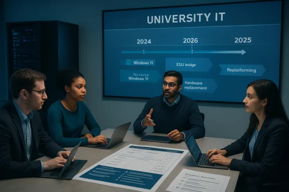A diverse team sits around a conference table, discussing IT upgrades shown on a University IT timeline slide.