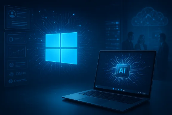 Blue, futuristic workstation with a laptop displaying AI, a glowing Windows logo, and circuit graphics.