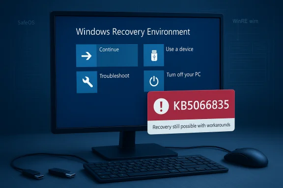 Windows Recovery Environment screen showing options to continue or troubleshoot, with a red KB5066835 alert.