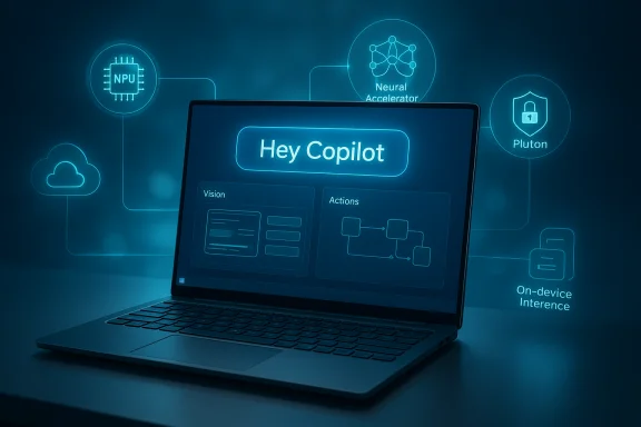 Laptop displays neon blue 'Hey Copilot' UI with AI/ML diagrams and icons.