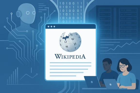 Wikipedia logo on a large screen as two people work on laptops in a blue, data-driven tech scene. Wikipedia logo on a large screen as two people work on laptops in a blue, data-driven tech scene.