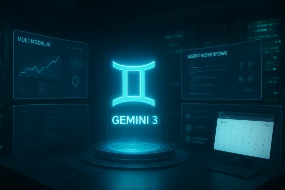Glowing Gemini 3 AI hologram above futuristic dashboards.