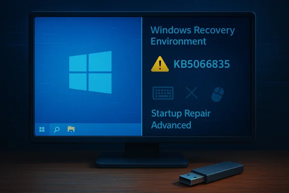 Blue Windows Recovery Environment screen on a monitor, displaying warning KB5066835.