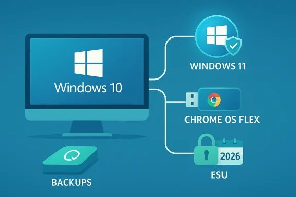 Diagram shows Windows 10 upgrading to Windows 11, with Chrome OS Flex, ESU 2026, and backups.